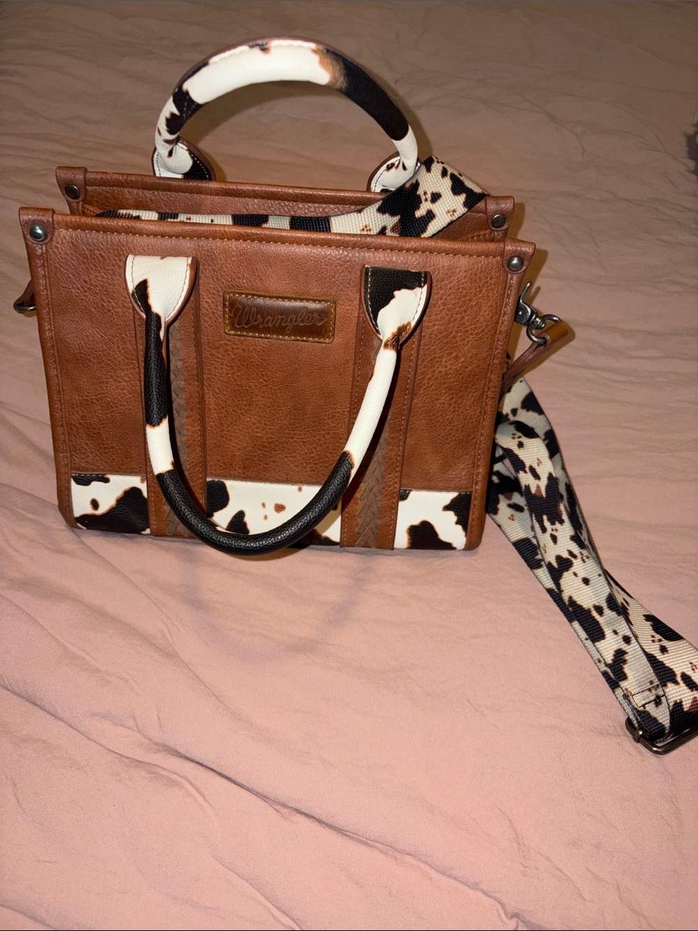 Wrangler Brown and White Cow Print Medium Tote Handbag